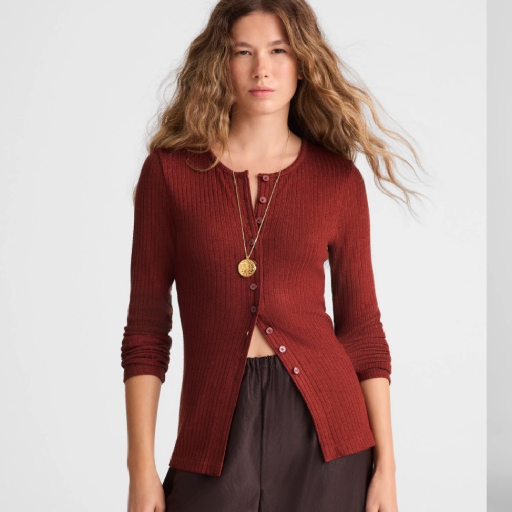 NWT Madewell Textural Cutaway Crewneck Cardigan M deep redwood